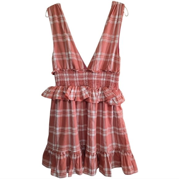 Majorelle Paradise Red Plaid Mini Dress Small Crinkle Crepe Smocked Waist - Picture 2 of 8